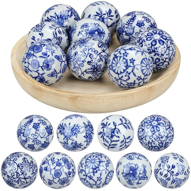 Vesici 9 Pcs Blue and White Porcelain Balls Decorative Chinoiserie Orbs for Centerpiece Bowls China Ceramic Balls Farmhouse Basket Tray Vases Decoration Gifts for Dining Table Holiday(Leaf Style)