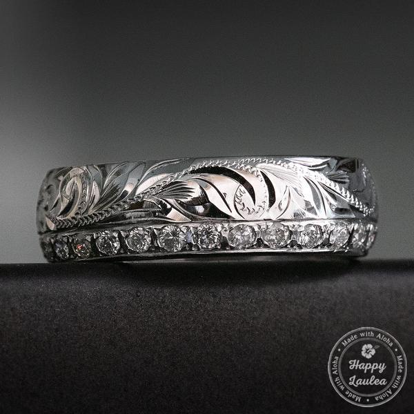 Alani's ring has plumeria flowers and maile vines; both of which are traditional in Hawaiian weddings. The plumeria symbolizes love and new beginnings, while the maile vine represents respect, devotion, and friendship