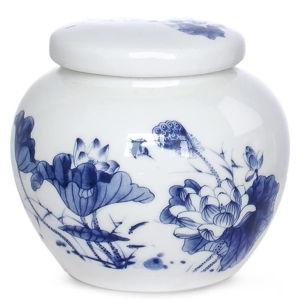 Dahlia Blue and White Porcelain Tea Canister for Loose Tea, Airtight Jingdezhen Tea Caddy, Lotus 380 ML