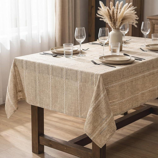 Horaldaily Light Coffee Cotton Blend Tablecloth 60×120 Inch Rectangular, Farmhouse Style, Wrinkle Resistant Washable Table Cloth, Hemstitched Embroidery Table Cover for Home