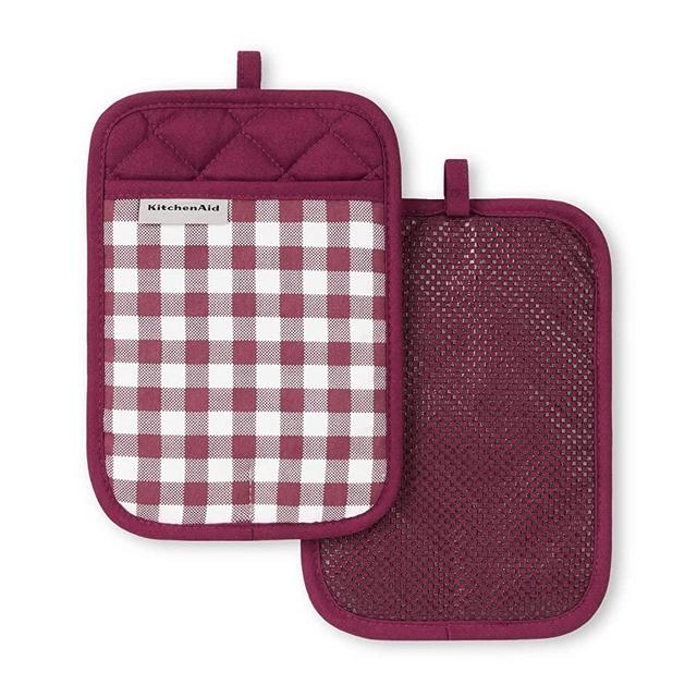 KitchenAid Gingham Pot Holder 2-Pack Set, Beet, 7"x10"