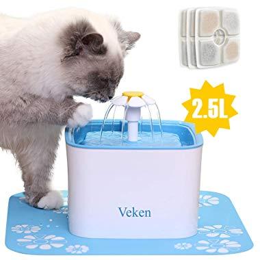 Veken Pet Fountain, 84oz/2.5L Automatic Cat Water Fountain Dog Water Dispenser with 3 Replacement Filters & 1 Silicone Mat for Cats, Dogs, Multiple Pets