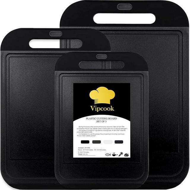 Vipcook Plastic Cutting Boards for Kitchen 3Pcs Set Larger Chopping Board Dishwasher Safe with Easy Grip Handle Juice Grooves 100% BPA Free Non-Slip Knife friendly Meat, Vegetables,Fruit (Black)