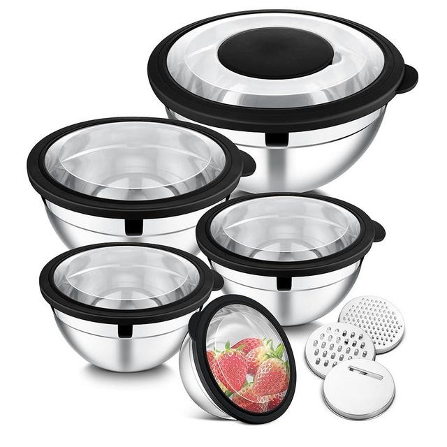 E-far Mixing Bowls Set of 5, Stainless Steel Salad Mixing Bowl with Transparent Lid, Metal Nesting Bowl Attach with 3 Graters for Kitchen Prepping/Serving/Baking/Storage, 4.6/2.6/1.5/1/0.7 QT - Black