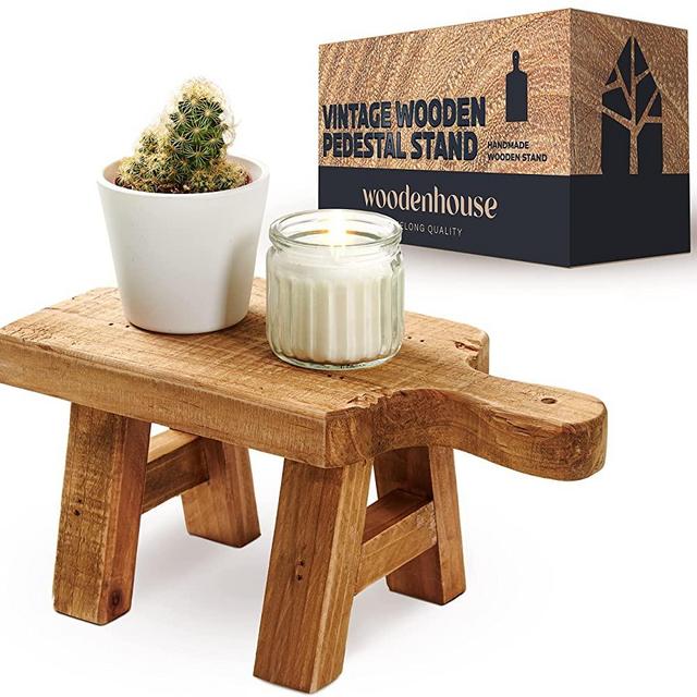 Wood Pedestal Stand with Handle - Decorative Plant Wood Risers for Decor - Candle Pedestal & Soap Wood Stand - Home Wood Decor Stool - Small Rectangle Wood Riser in Natural Color by Woodenhouse