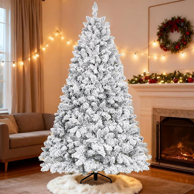 Duokanow 6ft Unlit Snow Flocked Christmas Tree, Artificial Christmas Tree with Pine Cones,888 Branch Tips, Premium Spruce Full Xmas Tree for Easy Holiday Setup, Foldable Metal Base