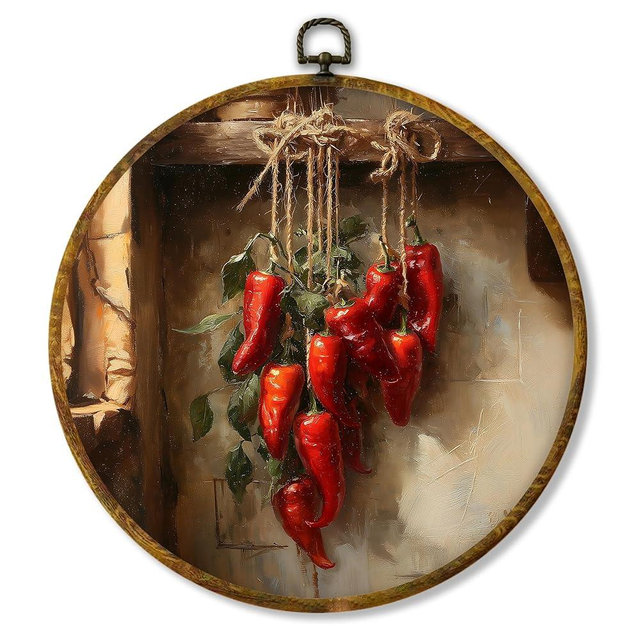 Hiuwevt Vintage Kitchen Round Wall Art Decor, Farmhouse Country Chili Framed Canvas Prints, Retro Rustic Chilis Round Wall Hanging Decor for Kitchen Dining Room Decorations, 10x10 Inches