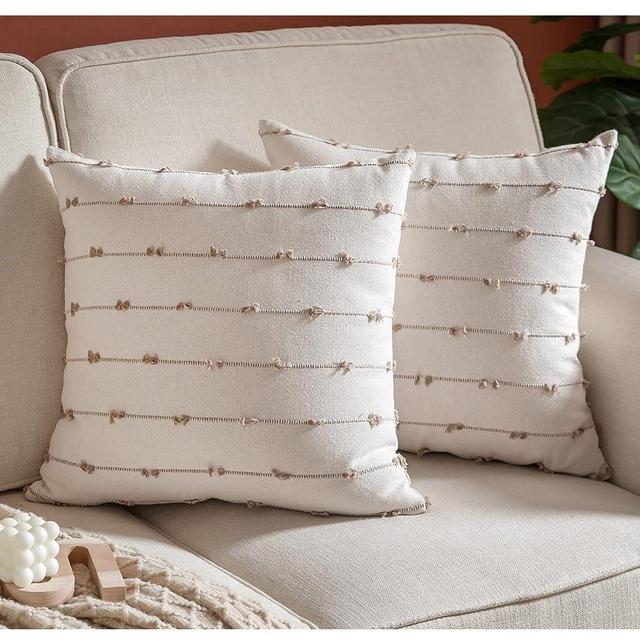 Caflife Boho Throw Pillow Covers 20x20 inches Beige and Natural Linen, Set of 2 Modern Farmhouse Decorative Pillow Covers for Couch Bed, Living Room