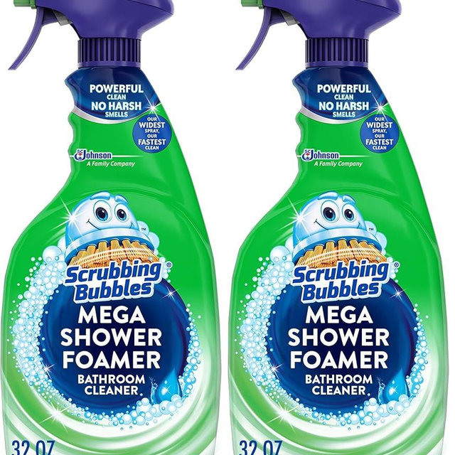 Scrubbing Bubbles Mega Shower Foamer Disinfecting Spray, Multi-Surface Bathroom and Tile Cleaner Grime Fighter, Removes 100% Soap Scum, Rainshower Scent, 32 oz, Packaging May Vary (Pack of 2)