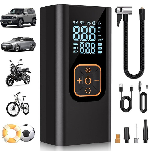 QKMPOM 180PSI Tire Inflator Portable Air Compressor, 6X Faster Air Pump for Car Tires with Digital Pressure Gauge, 12V DC Adapter, LED Light, Portable Tire Inflator for Car, Motorcycle, Bike, Obsidian