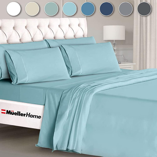 Mueller Ultratemp Bed Sheets Set, Super Soft 1800 Thread Count Egyptian 18-24 Inch Deep Pocket Sheets, Transfers Heat, Breathes Better, Hypoallergenic, Wrinkle, 6Pc, Aqua King