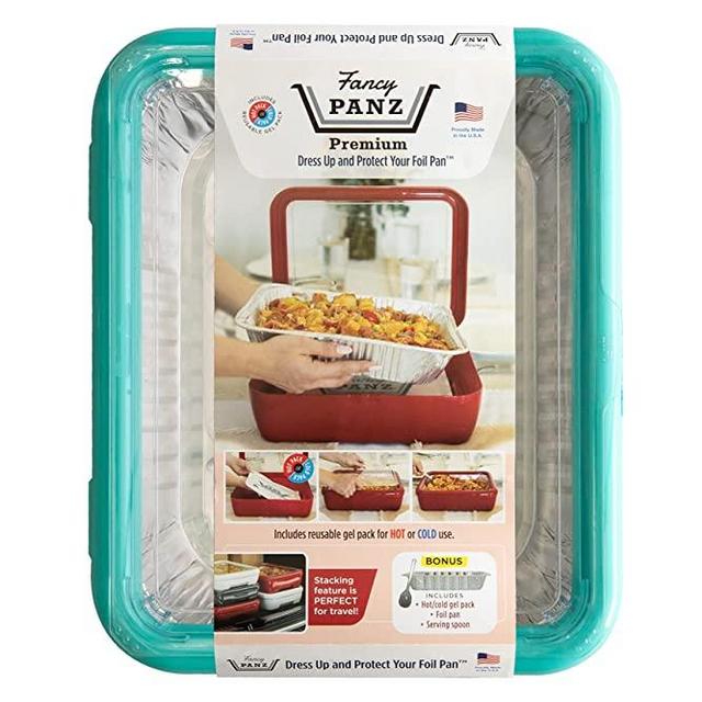 Fancy Panz Premium Dress Up & Protect Your Foil Pan, Made in USA. Hot/Cold Gel Pack, One Half Sized Foil Pan & Serving Spoon Included. Stackable for easy travel. BPA free (Aqua)