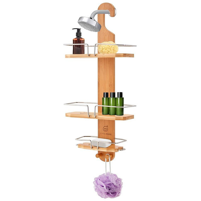 JumblWare Bamboo Shower Caddy. Hanging 3-Tier Bathtub Organizer Rack for Over Shower Head with Toothbrush Holder, Razor Hooks & Shelf with Holes in Bottom for Soap. Spa Gift for Women