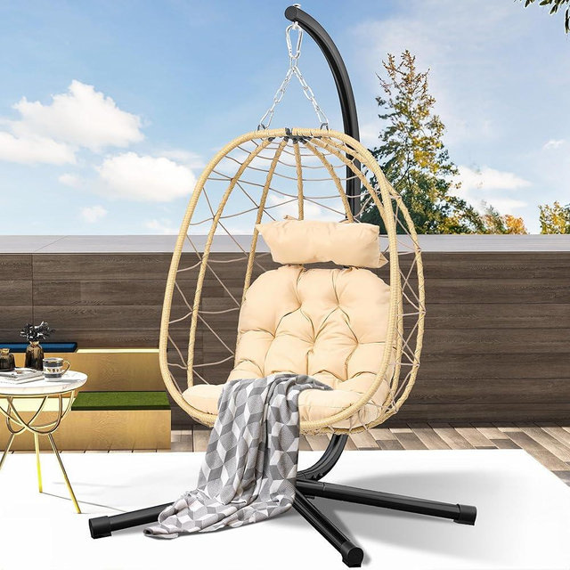 DWVO Egg Hanging Swing Chair with Stand Egg Chair Wicker Egg Chair with Cushions 330lbs for Patio, Bedroom, Garden and Balcony, Beige
