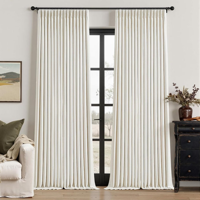 Pinch Pleat Natural Cream Blackout Curtains 105 Inch Long for Living Room | Heavy Duty Thick Linen, Thermal Insulated, Tall Bedroom Drapes, UV Blocking, High Ceiling Elegant Windows Decor, 50x105
