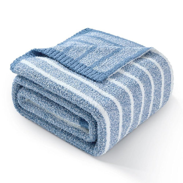 Snuggle Sac Ultra Soft Blue Throw Blanket for Couch, Reversible Cozy Knitted Ribbed Blankets, Fuzzy Knit Striped Throws for Sofa, Bed, Home Decor, Blue 50"x60"