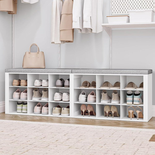 Hzuaneri Shoe Storage Bench with Cushion, Entryway Storage Bench with 18 Cubbies, 9.5" Widened Organizer Cabinet, Long Cubby Rack for Living Room, Bedroom, Entryway, White SB25703GY