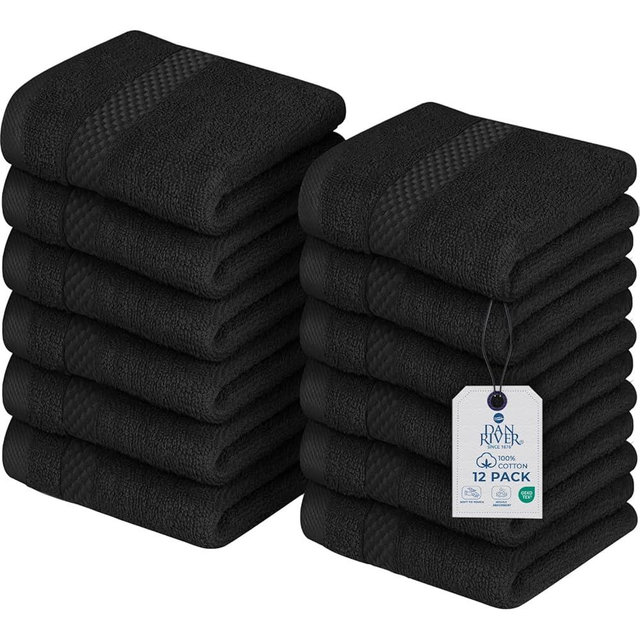 DAN RIVER 12-Pack Premium 100% Cotton Black Face Towels – Reusable Face Towel Set, Soft & Absorbent Rough Wash Cloths for Bathroom & Body – Hand and Face Towels, 550 GSM (12x12 in)
