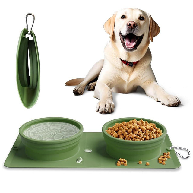 Collapsible Portable 2-in-1 Dog Bowl, Integrated Travel Dog/Cat Food Water Bowl, Silicone Foldable Expandable Bowl with Carabiner - Anti-Spill and Anti-Skid - for Camping/Traveling LPFLASAT (Green)