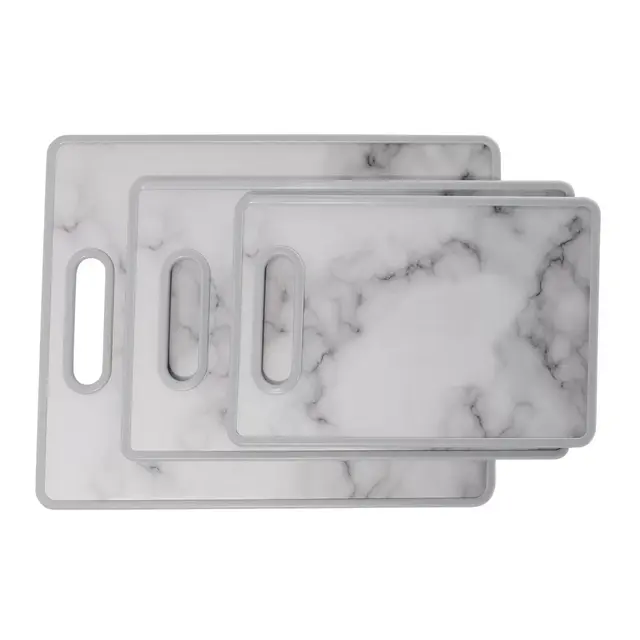 3Pc Cutting Board Set - Marble Designed Plastic, 8"x12", 9"x14", 12"x15", Nonslip, Easy-Grip Handle, Dishwasher Safe