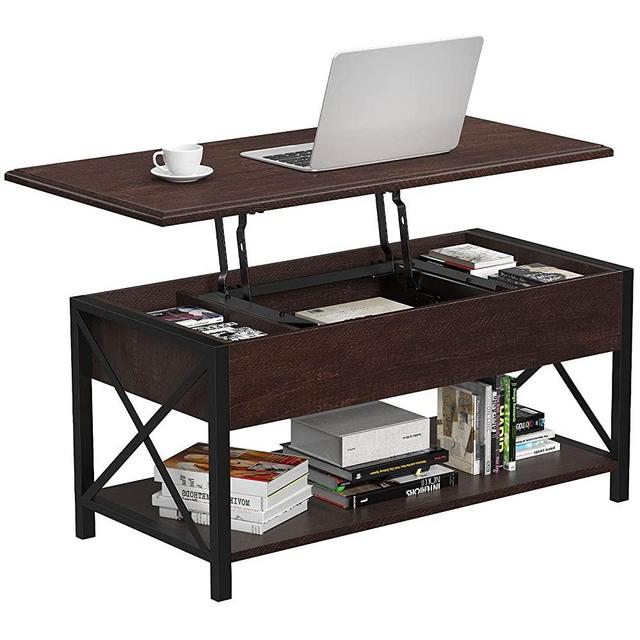 LGHM Lift Top Coffee Table, Coffee Table with Hidden Compartment and Storage Shelf, Wood Coffee Table with Metal Frame, Lift Tabletop Dining Table for Home, Living Room, Office, Espresso