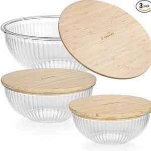 Stackable Space-Saving Nesting Set of 3 Glass Bowls with Bamboo Lids for Foodprep, Storage, Mixing & Cooking - Microwave & Oven Safe BPA Free Durable Heat Resistant Inert Borosilicate Glass
