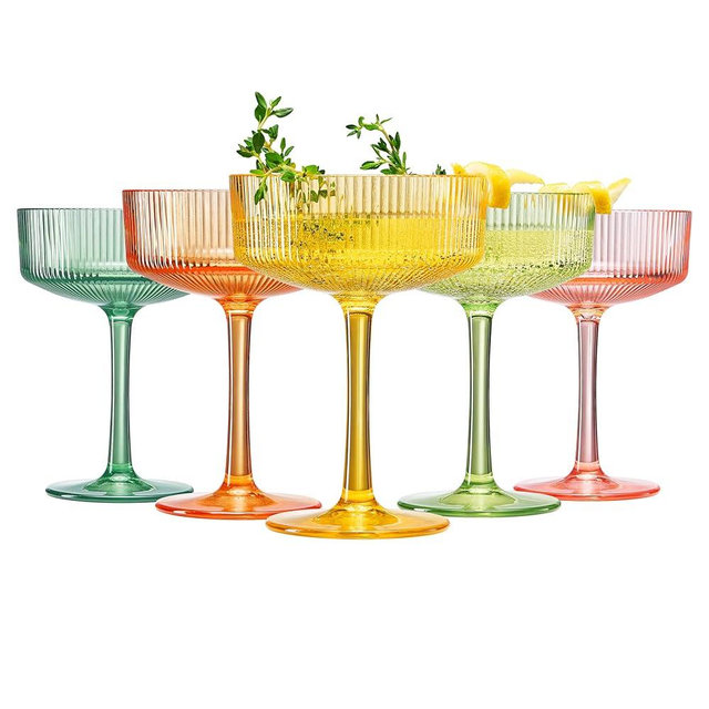 Shatterproof Acrylic Ribbed Vintage Art Deco Martini, Champagne & Cocktail Bright Pastels Color Plastic Tritan Coupe Glasses | Set of 5 | 8 oz Ripple Classic Cocktail Indoor & Outdoor, European Style