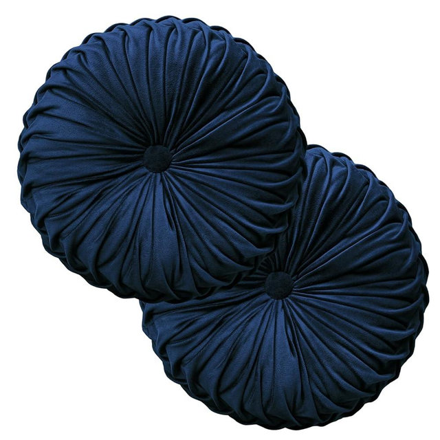 Teieas 2 Pcs Round Throw Pillows Decorative Pumpkin Velvet Boho Pleated Bed Pillows Back Support for Couch Chair Dorm Car 14.96'' (Navy Blue)