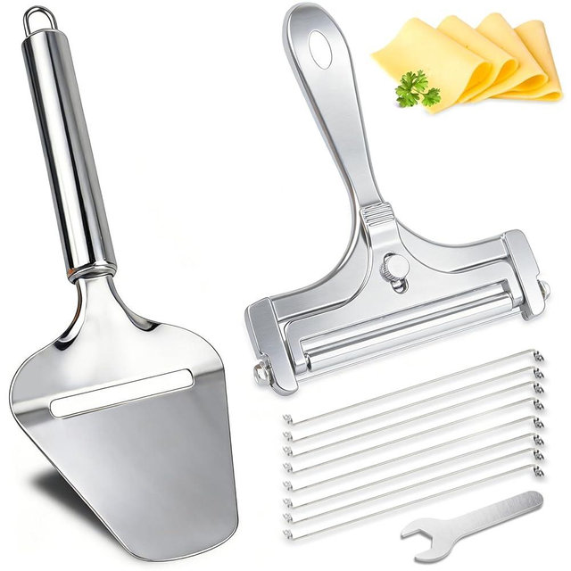 2 Pack Cheese Slicers, AIDOIT Stainless Steel Wire Cheese Slicer with Cheese Plane Tool, Adjustable Thickness Cheese Cutter with 8 Extra Wires for Soft, Semi-Hard, Hard Cheeses