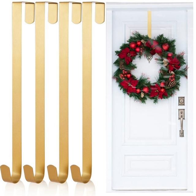 Kederwa 4 Pack Gold Wreath Hangers for Front Door, 12inch Over The Door Wreath Hanger Xmas Wreath Holder Hook Reef Hanger for Christmas Thanskgiving Decorations