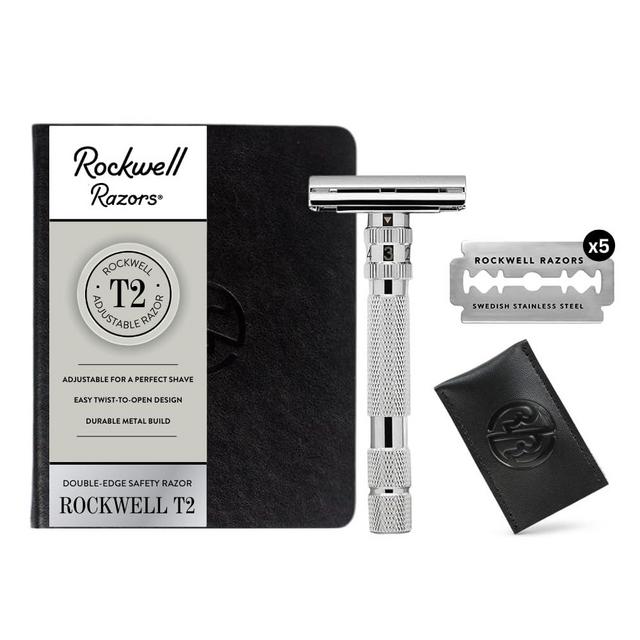 Rockwell Razors T2 Adjustable Safety Razor in White Chrome. Infinite Shave Settings for all Skin Types. Twist-To-Open Mechanism. Includes 5 Fully Recyclable Razor Blades. Built to Last a Lifetime.