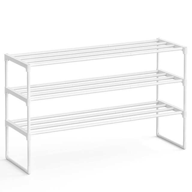 SONGMICS Shoe Rack, 3-Tier Shoe Organizer, Metal Storage Shelf, Upright or Upside Down, for 16-20 Pairs, Stackable, for Entryway, 11.8 x 36.2 x 21.7 Inches, Pearl White ULSA303W03