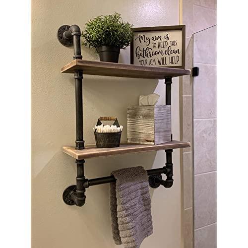 Industrial Pipe Bathroom Shelves Wall Mounted 2-Shelf,Rustic Pipe Shelving Wood Shelf with Towel Bar,Pipe Floating Shelves Towel Holder