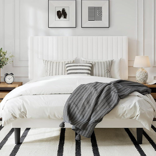 GOLDORO Queen Size Bed Frame with Adjustable Headboard, Velvet Upholstered Platform Bed, Vertical Channel Tufted Design, Wooden Slat Support, No Box Spring Needed, Easy Assembly, White