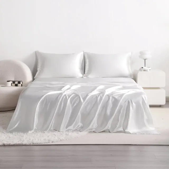 4 Pieces Satin Bed Sheet Set, Silky Cooling Soft Sheet Set, Queen, White - NTBAY