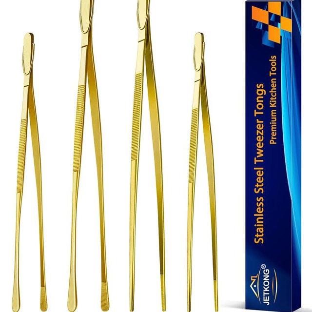 JETKONG 4 Pcs Kitchen Tweezers, 12'' and 10'' Stainless Steel Cooking Tweezers Set, High-Precision Tweezers Tongs for Cooking, Repairing, Seafood and BBQ (Gold)