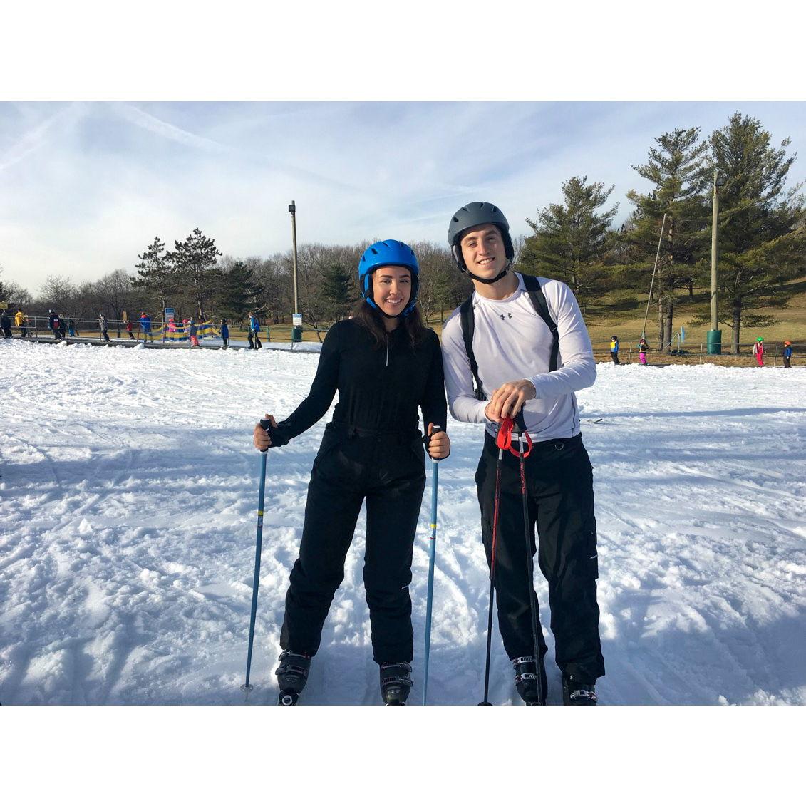 Tiff's first-time skiing on the bunny slope