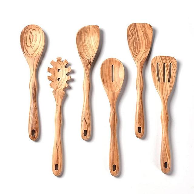 Gudamaye 12 inch Olive Wooden Utensils for Cooking, Long Handle Wooden Spoons for Cooking, 6 PCES Crafting Wooden Spoon Set, Wooden Kitchen Utensil set, Natural Olive Wooden utensil Set
