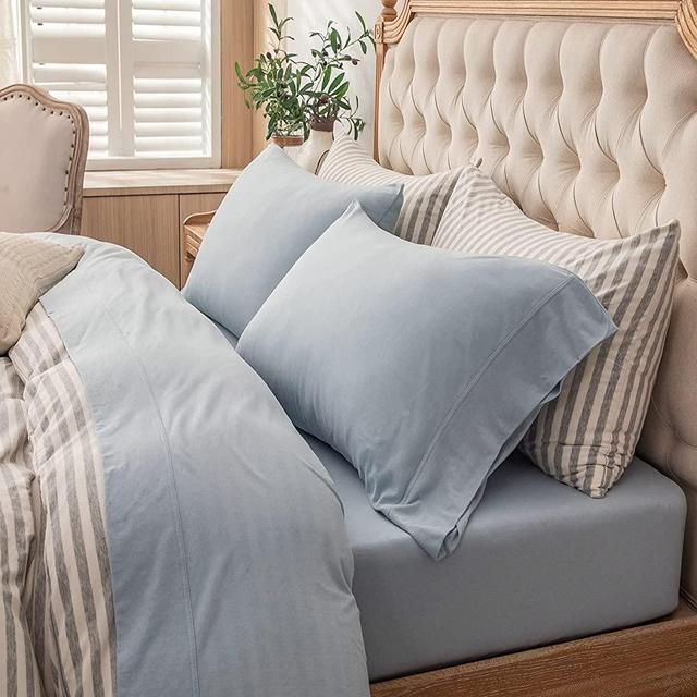 PURE ERA Jersey Knit 4pc Bed Sheet Set 100% T-Shirt Heather Cotton Super Soft Comfy Breathable Fits Mattress Up to 20" Extra Deep Pocket (Light Blue, King)