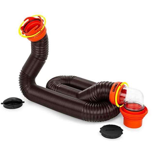 Camco RhinoFLEX 15ft RV Sewer Hose Kit, Includes Swivel Fitting and Translucent Elbow with 4-In-1 Dump Station Fitting, Storage Caps Included, Frustration-Free Packaging (39770)