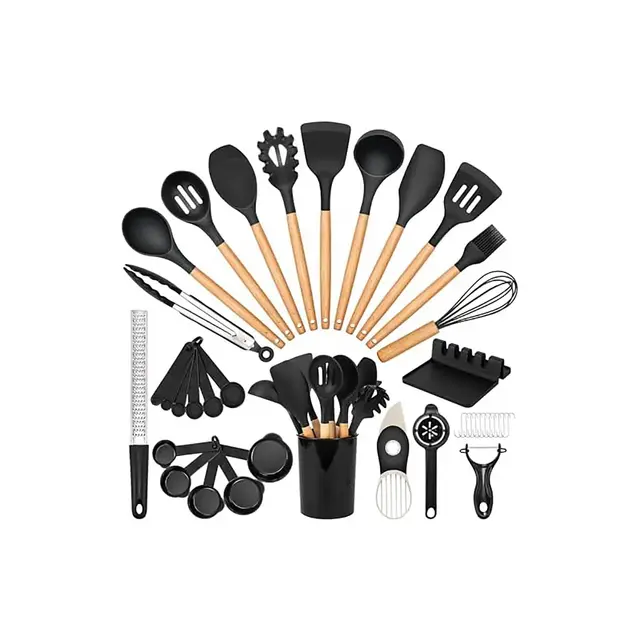 Itopfox 39-Piece Silicone Cooking Utensil Set with Wooden Handle, Heat Resistant Up to 446°F, BPA-Free Kitchen Gadgets for Nonstick Cookware