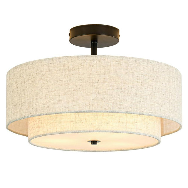 Outiron 16" Semi Flush Mount Ceiling Light, 3-Light Drum Ceiling Light Fixture with 2-Tier Fabric Linen Shade, Farmhouse Chandelier for Dining Room, Living Room, Bedroom, Kitchen, Hallway, Entryway