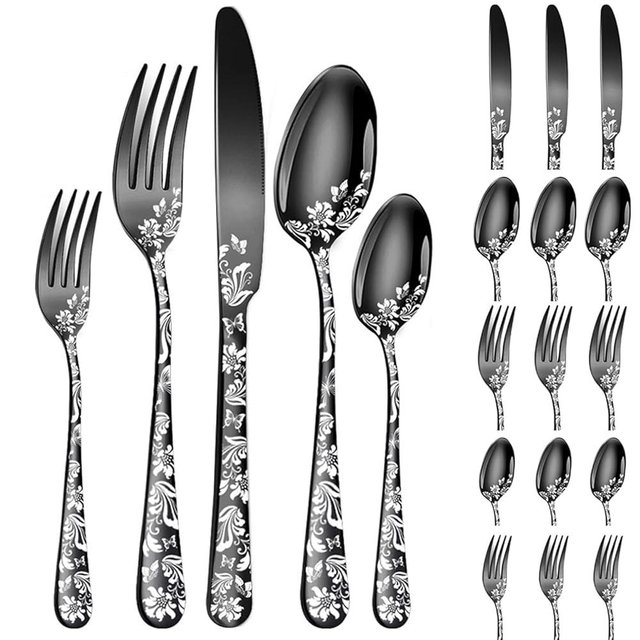 Vilihkc 20 piece Unique Pattern Design Silverware Set, Stainless Steel Flatware Set Service for 4, black Cutlery Set, Mirror Polished Utensil Set for Kitchen, Dishwasher Safe
