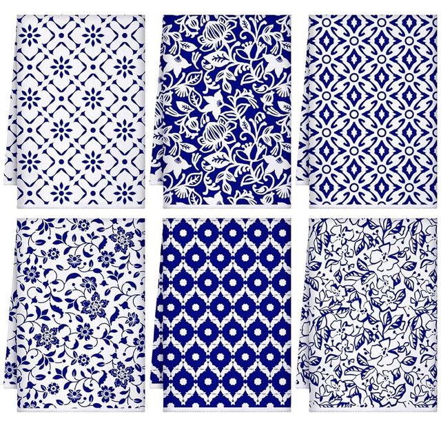 FuWeave 6 Pcs Kitchen Towels Decorative Set Vintage Bohemian Dish Towels Colorful Ceramics Patterns Hand Washcloths Blue and White Decor Gifts for Home Kitchen Bathroom Decor(Blue White,Ceramics)