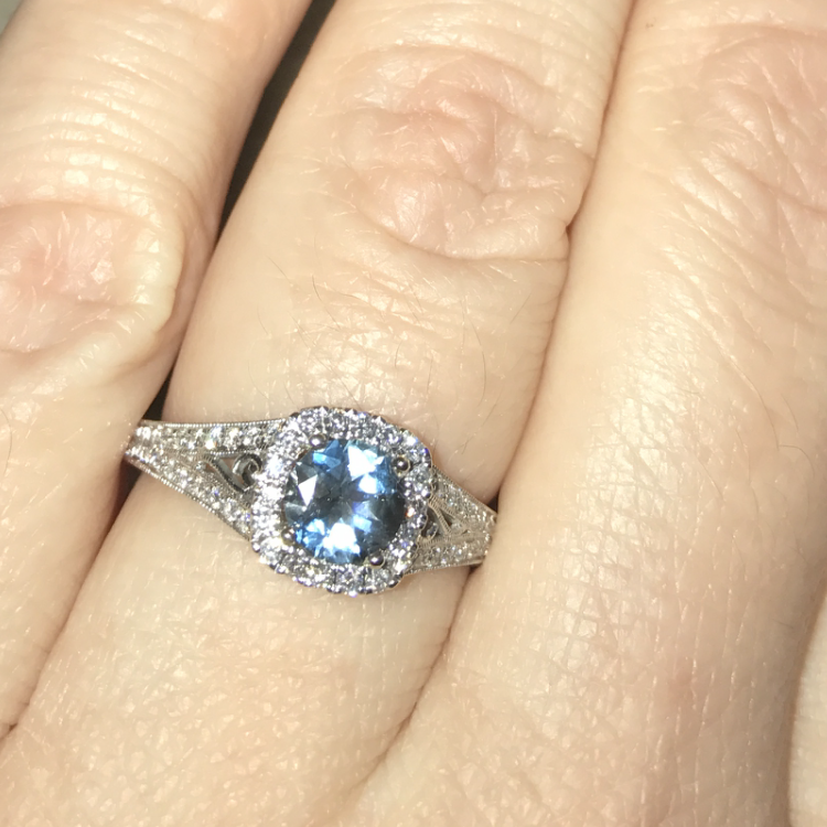 My beautiful ring. Phil designed it with a little help from Mike from Richards Jewelers. It's an aquamarine, my favorite stone which also happens to be Phil's birthstone ❤️