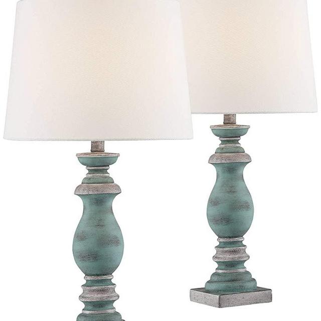 Patsy Country Cottage Table Lamps Set of 2 Blue Gray Washed Tapered Fabric Drum Shade for Living Room Bedroom Bedside Nightstand Office Family - Regency Hill