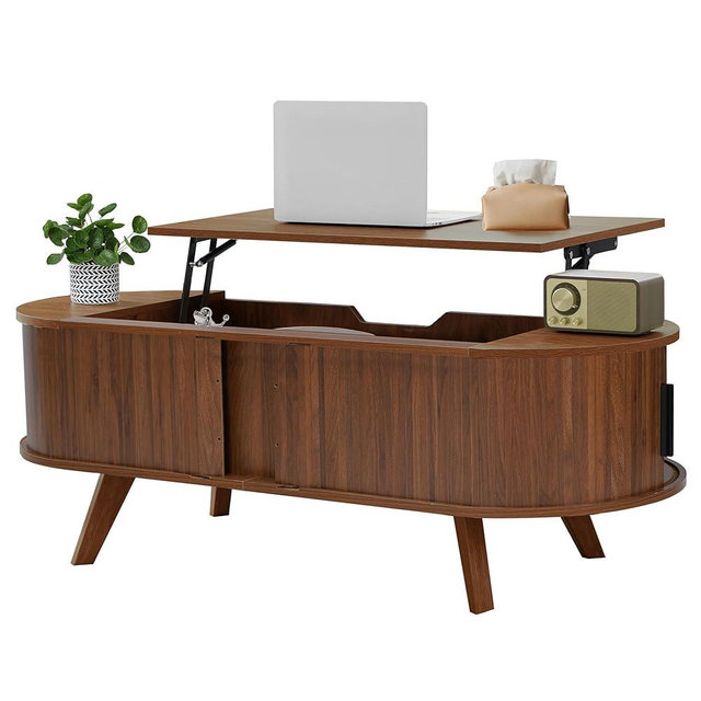 Bifins Lift Top Coffee Table with Storage,47.2" Oval Coffee Table with Sliding Tambour Door,Mid Century Modern Coffee Table with Lifting top for Living Room (Walnut, Tambour Door)