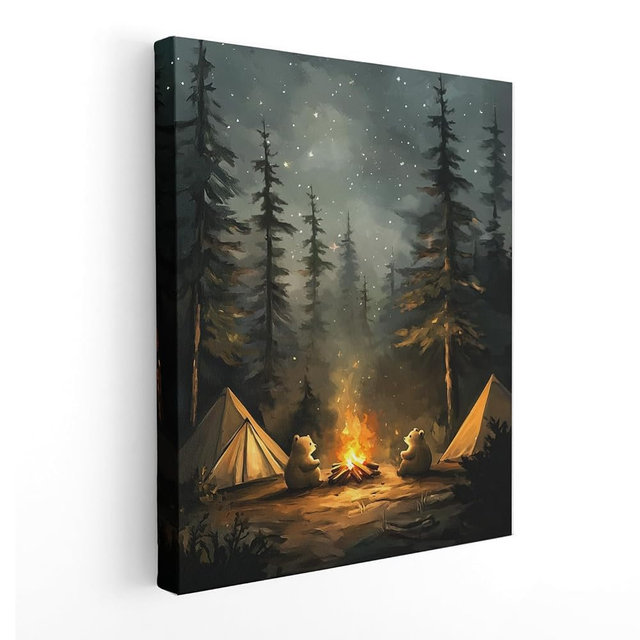 APJYM Rustic Pine Tree Bear Forest Camfire Camping Wall Art, Vintage Dark Moody Wood Land Nauture Landscape Canvas Wall Art for Cabin Camper Home, 11x14 Inch Framed