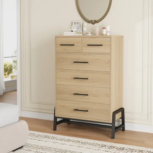 4+2 Dresser for Bedroom, 46.6" Tall Dresser, Tall Drawer Dresser with Storage Freestanding, Wooden Closet Dresser Storage for Bedroom, Natural Oak