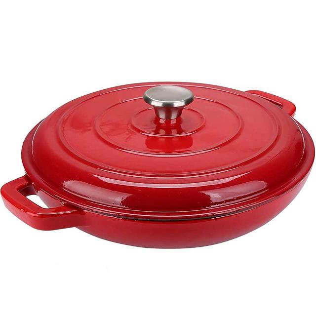 Puricon Enameled Cast Iron Casserole Braiser Pan 3.8 Quart, Ceramic Enamel Cookware Skillet with Lid and Dual Handles -Red